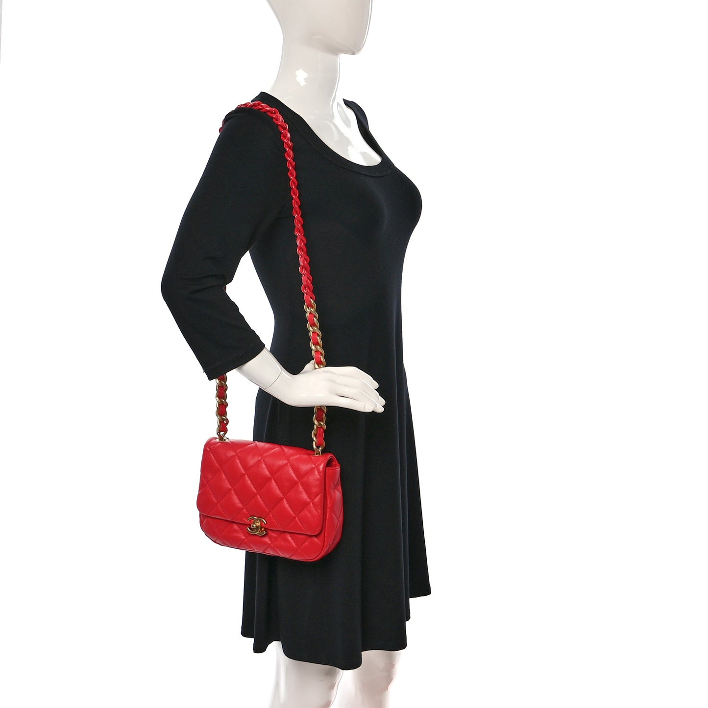 Lambskin Quilted Small Lacquered Chain Flap Red