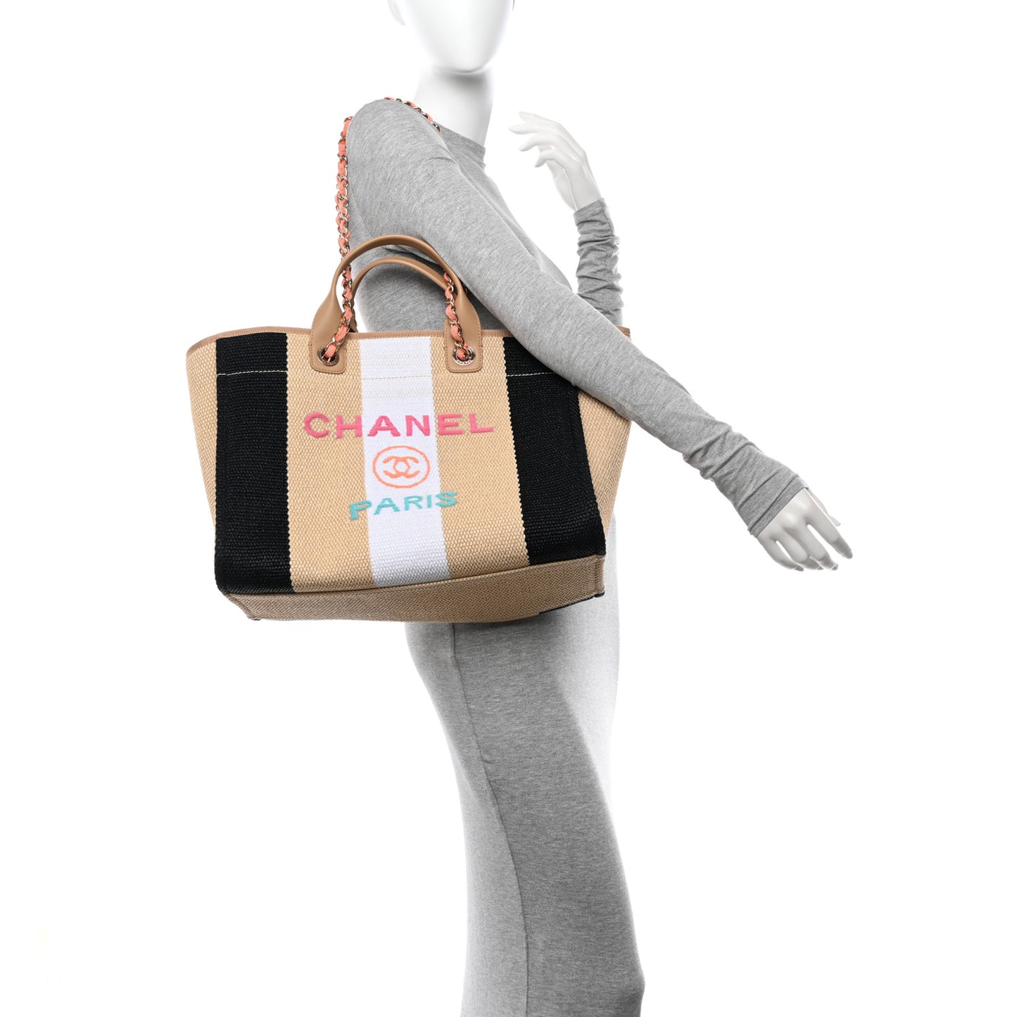 Straw Raffia Calfskin Striped Medium Deauville Tote Black Beige Ivory