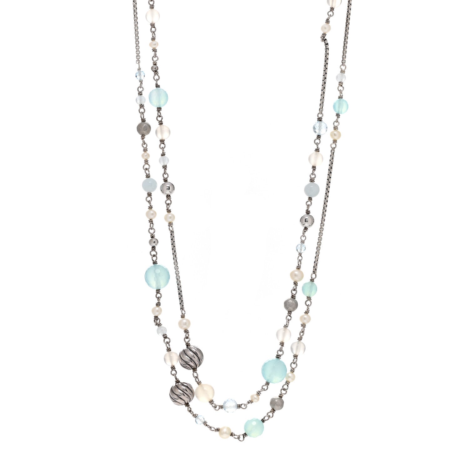 David Yurman Sterling Silver Aquamarine Pearl Blue Topaz Chalcedony Moon Quartz 14mm Quatrefoil Necklace 1 of 4