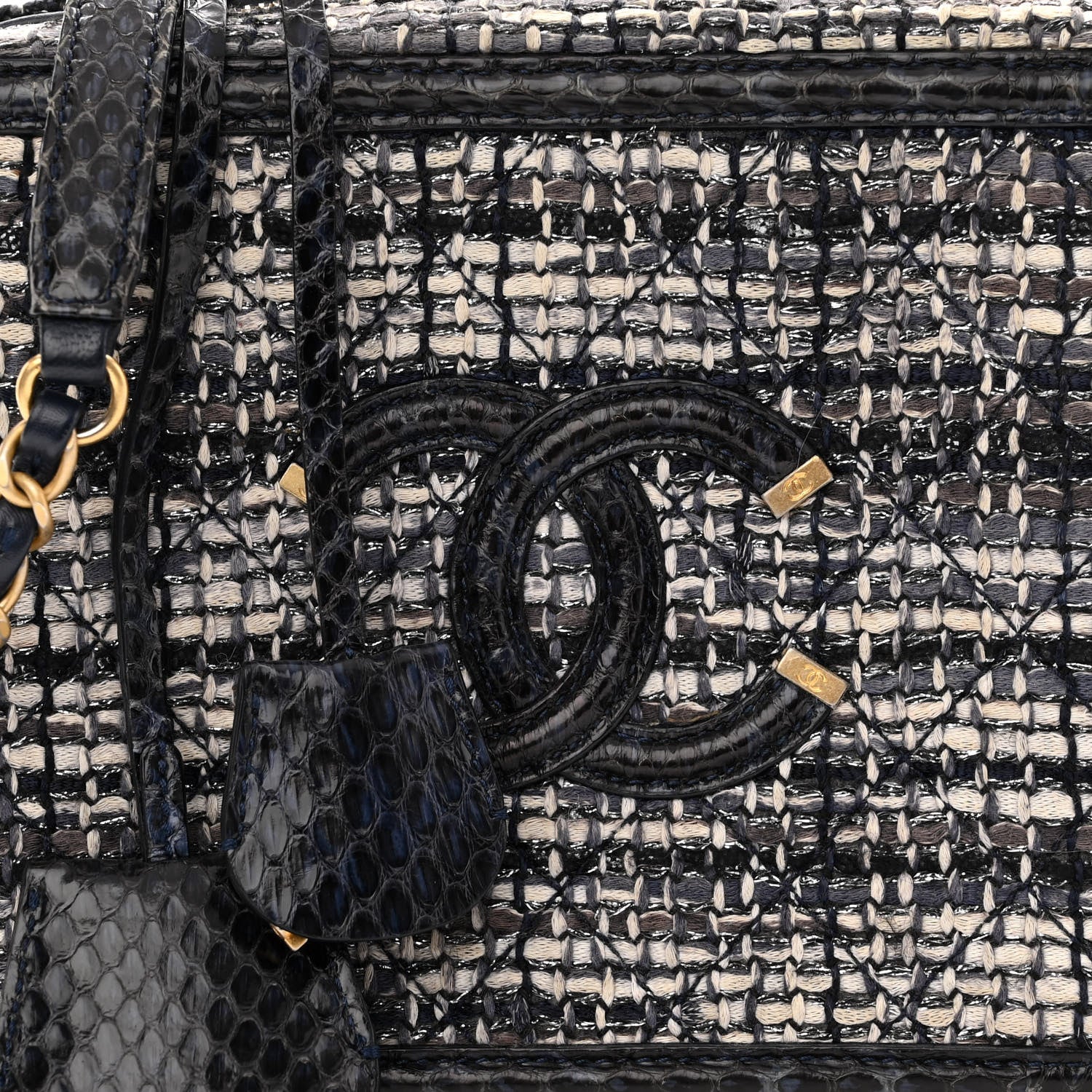 Chanel Tweed Snakeskin Quilted Medium CC Filigree Vanity Case Dark Navy 5 of 10