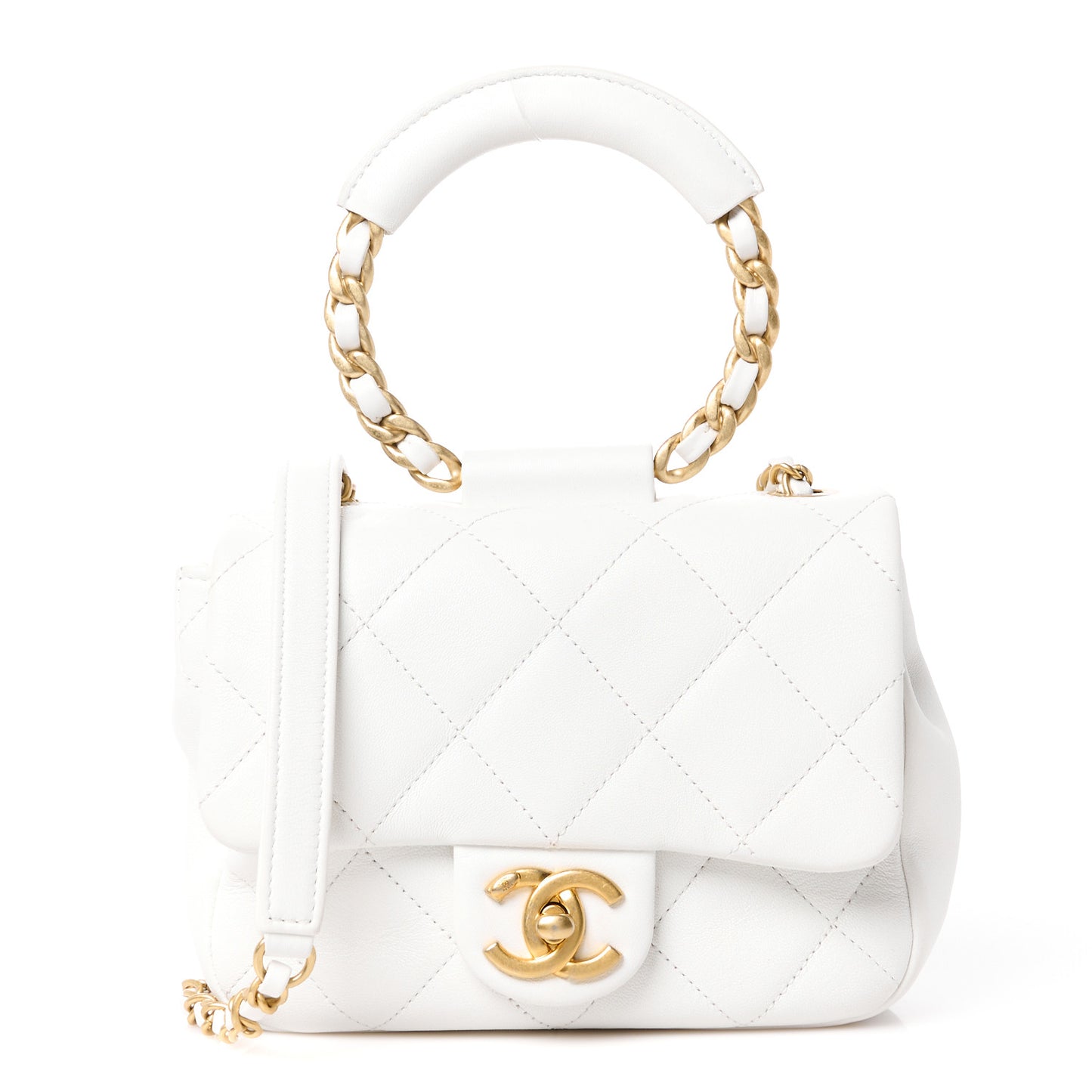 Lambskin Quilted Small Circular Handle Bag White