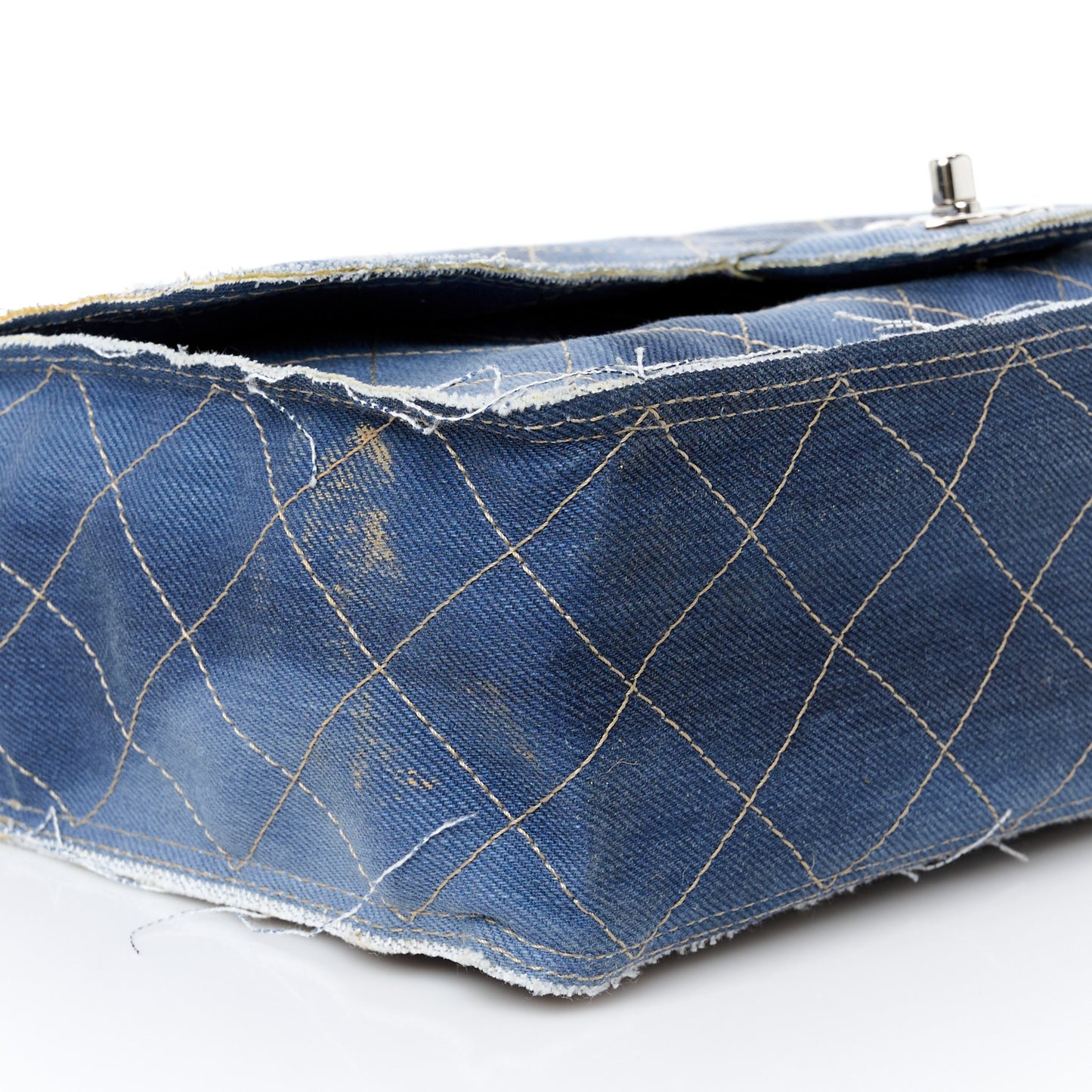 Denim Quilted Jumbo Pompom Flap Dark Blue