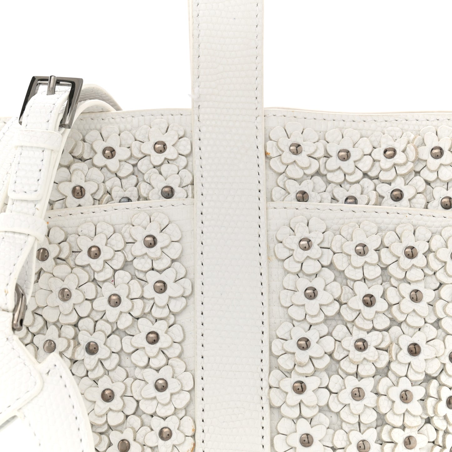 Lizard Embossed Calfskin Flower Applique Bucket Bag White