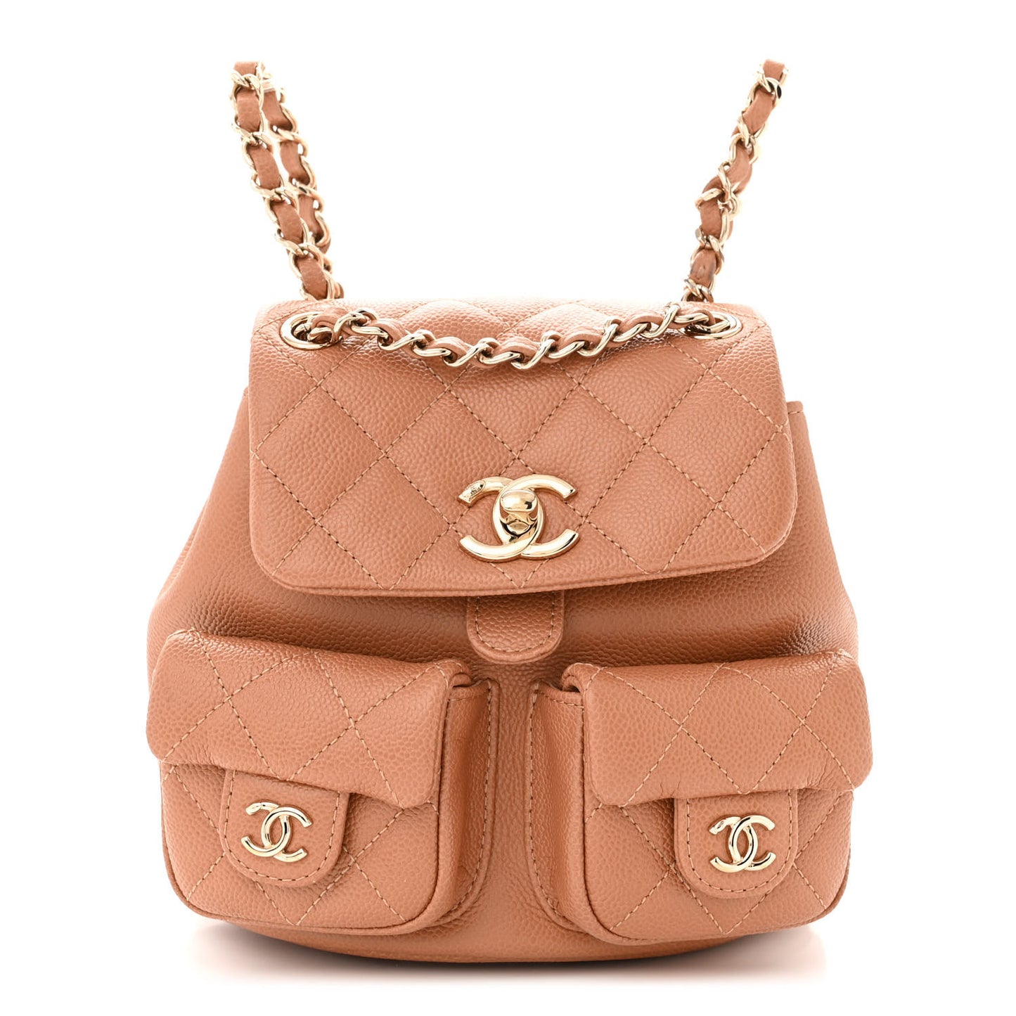 Shiny Caviar Quilted Small Duma Pockets Drawstring Backpack Dark Beige