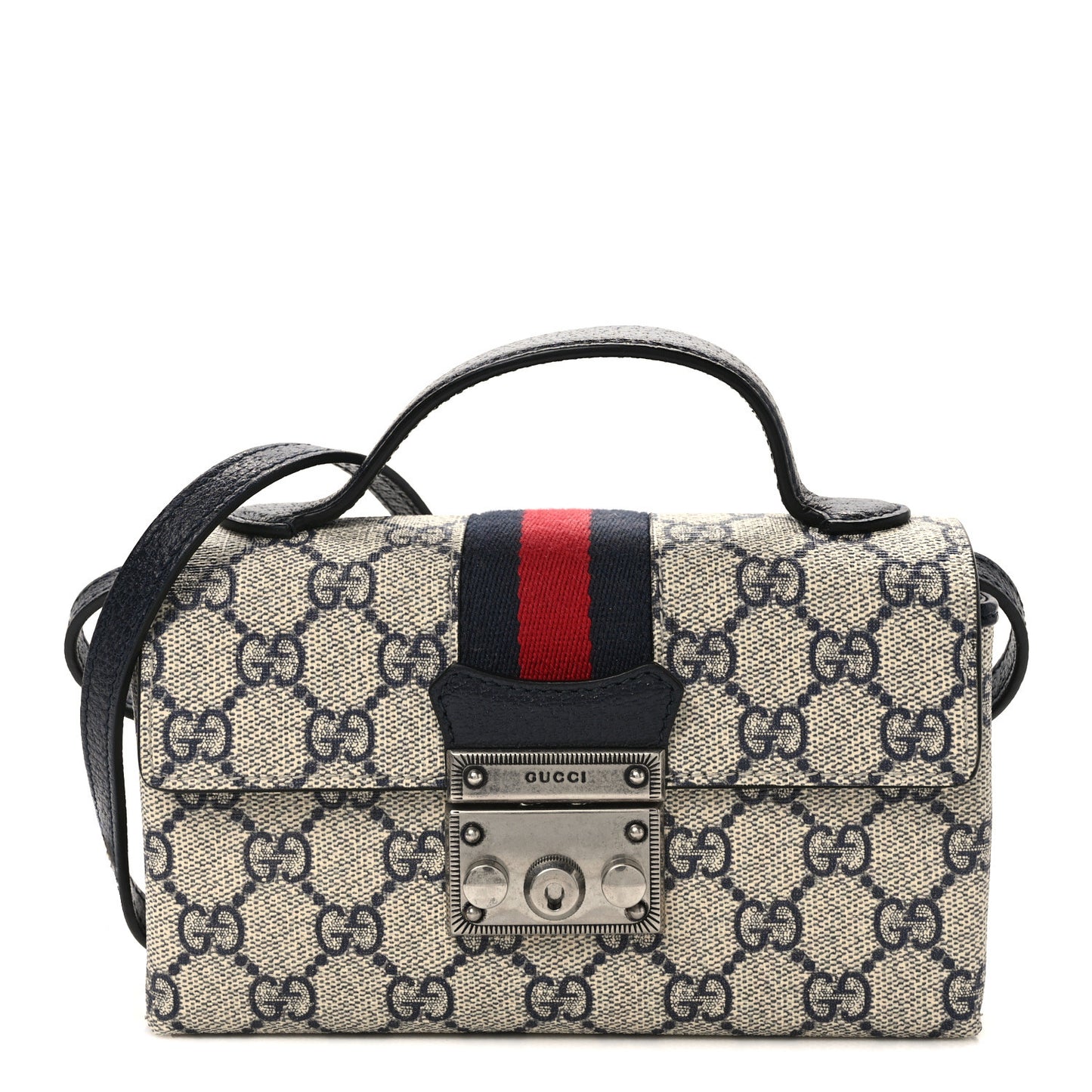 GG Supreme Monogram Textured Dollar Calfskin Web Mini Padlock Top Handle Shoulder Bag Beige Blue