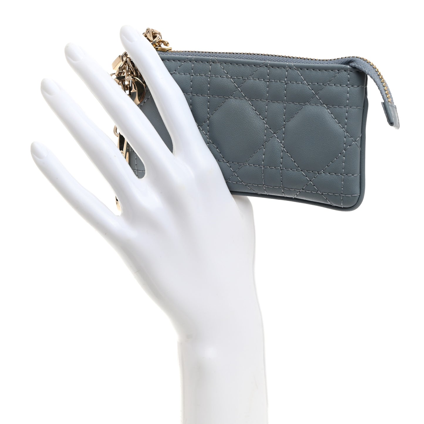 Lambskin Cannage Lady Dior Zipped Key Case Cloud Blue