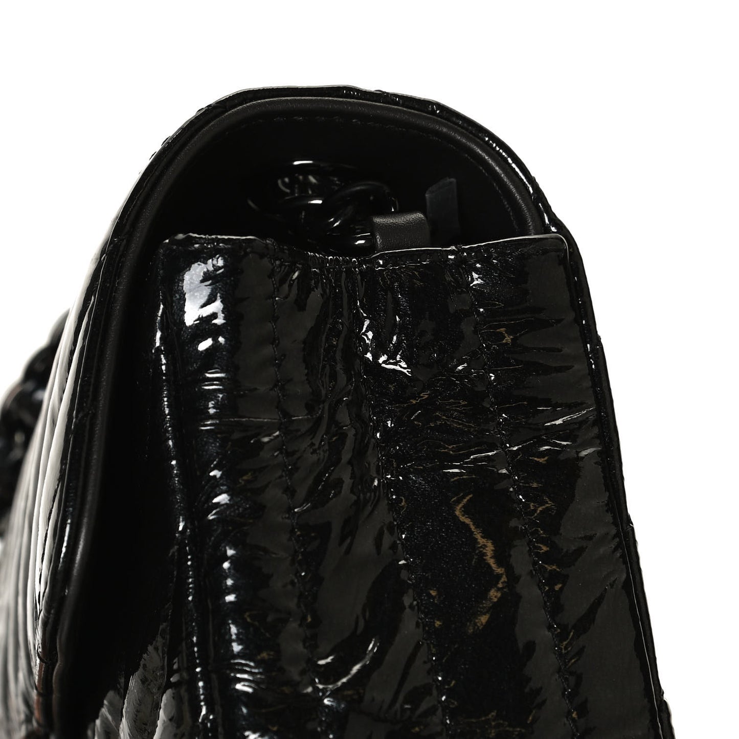 Patent Metallic Crumpled Calfskin Chevron Quilted Mini Rectangular Flap So Black