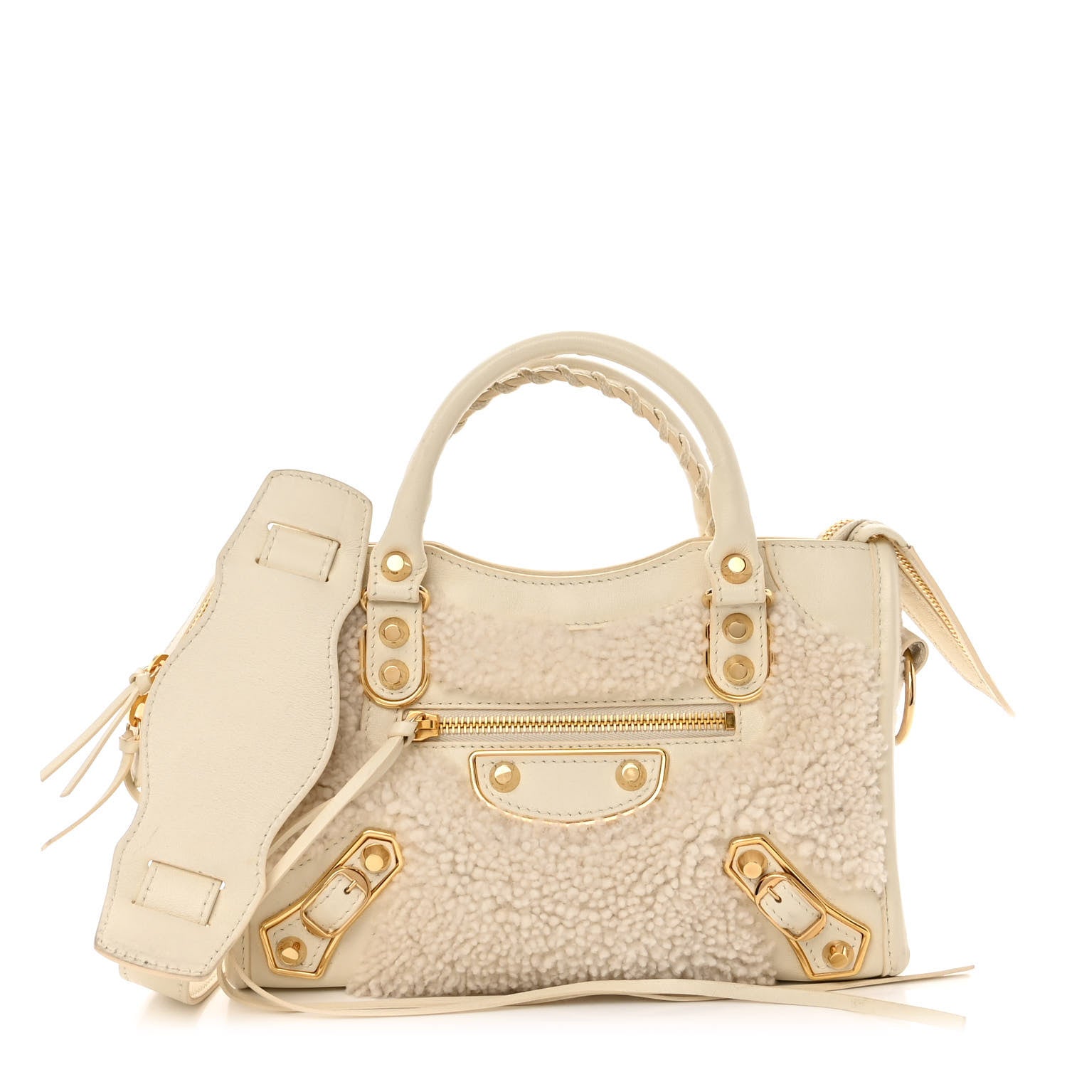 Balenciaga ベージュ ミニシティ　ゴールド Balenciaga Shearling Nappa Gold Metallic Edge Hardware Mini City