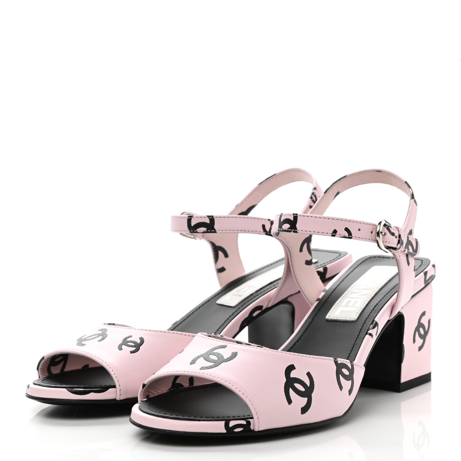 Chanel Printed Lambskin CC Sandals 37 Light Pink Black 3 of 9