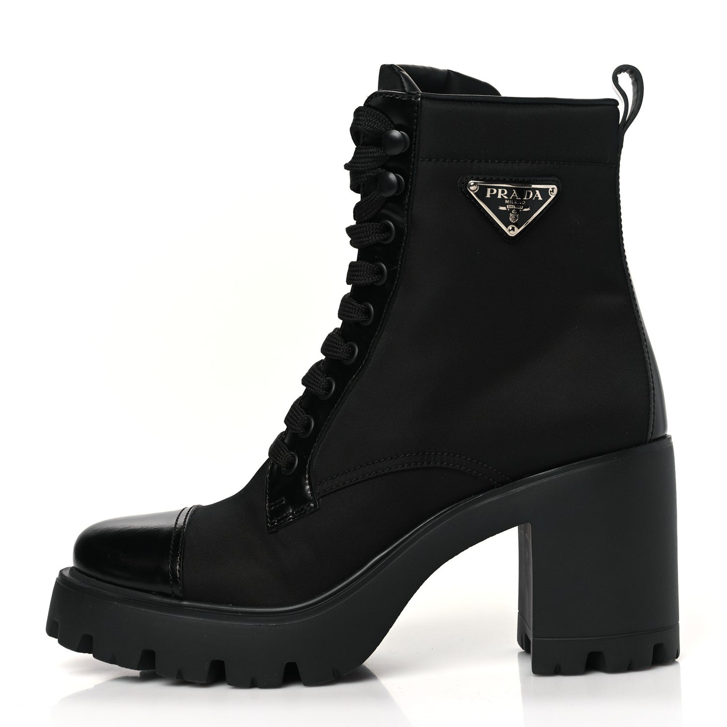 Spazzolato Re-Nylon Metal Triangle Logo Lace Up 55mm Ankle Boots 39 Black
