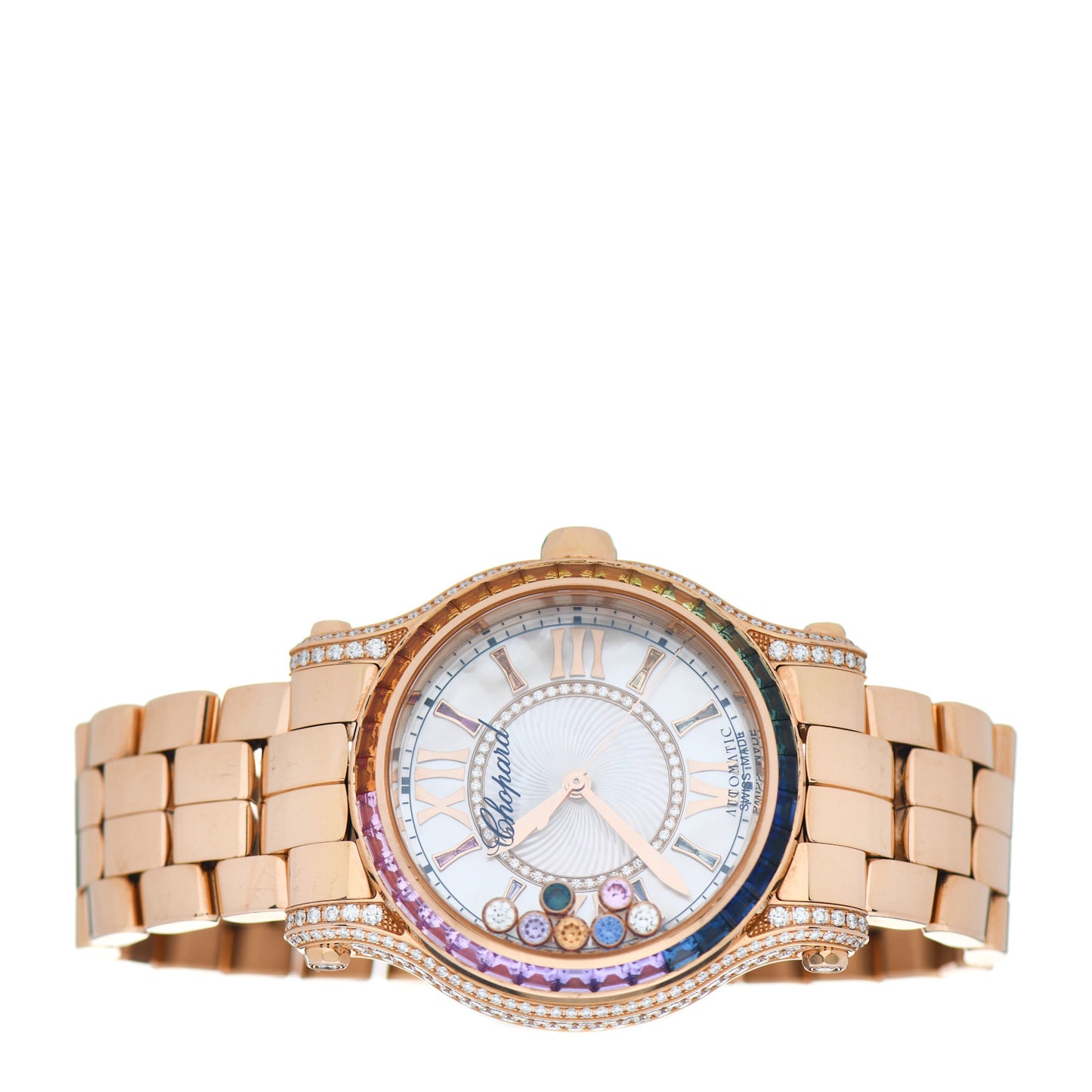 18K Rose Gold Diamond Mother of Pearl Multicolor Sapphire 36mm Happy Sport Automatic Watch