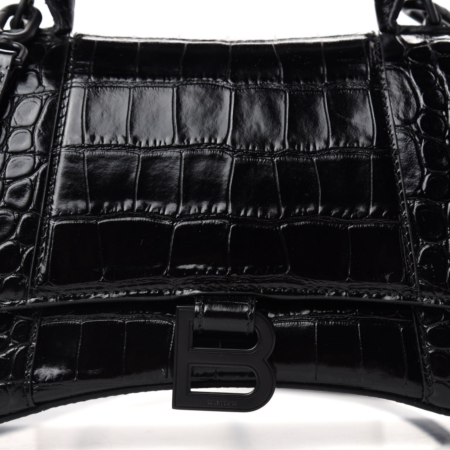 Shiny Calfskin Monochrome Crocodile Embossed Small Hourglass Top Handle Bag Black