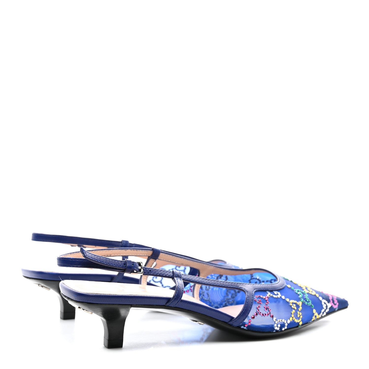 Gucci Tela Retino Nappa Charlotte Crystal GG Monogram Square G 35mm Slingback Pumps 37.5 Splash Net Blue Witch 4 of 8