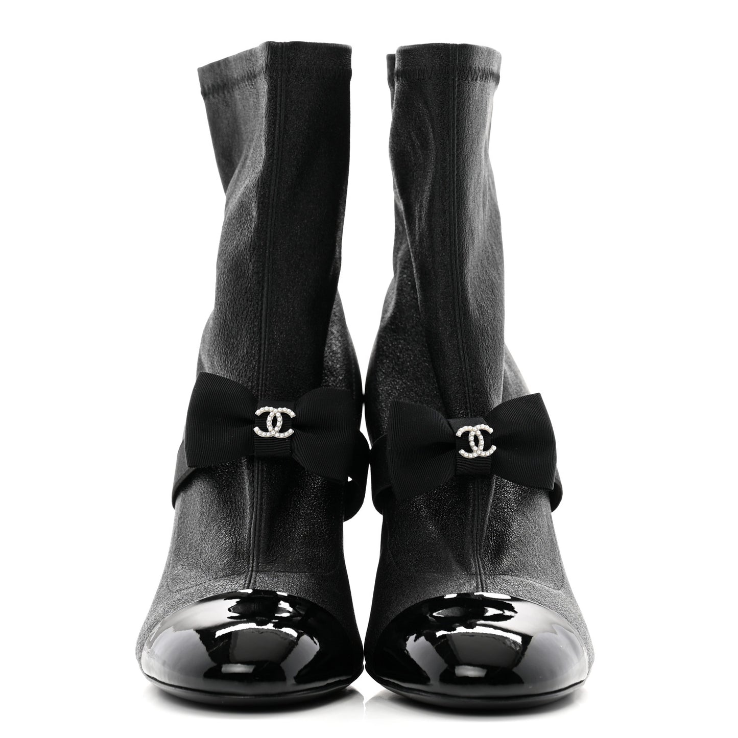 Stretch Iridescent Lambskin Patent Pearl CC Bow Cap Toe Short Boots 37 Black