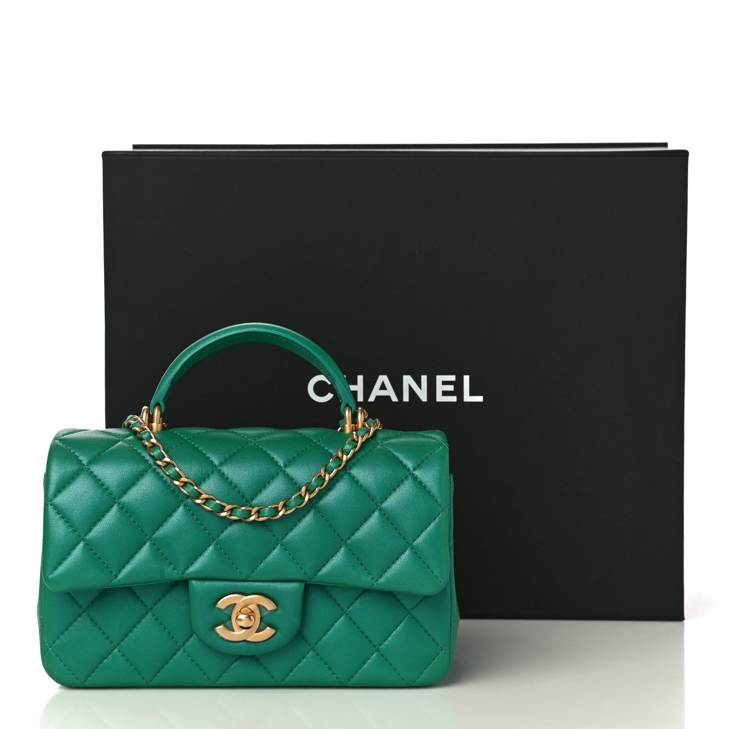 Iridescent Lambskin Quilted Mini Top Handle Rectangular Flap Green