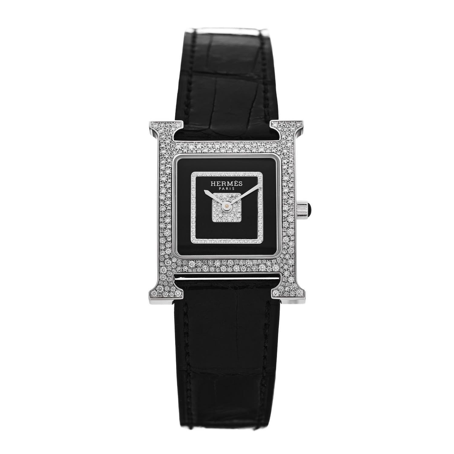 Hermes 18K White Gold Alligator Diamond Pave 26mm Heure H Hour Quartz Watch Noir 1 of 5