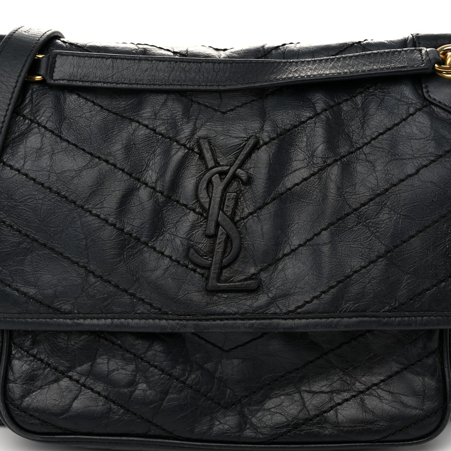 Crinkled Calfskin Matelasse Monogram Medium Niki Chain Satchel Black