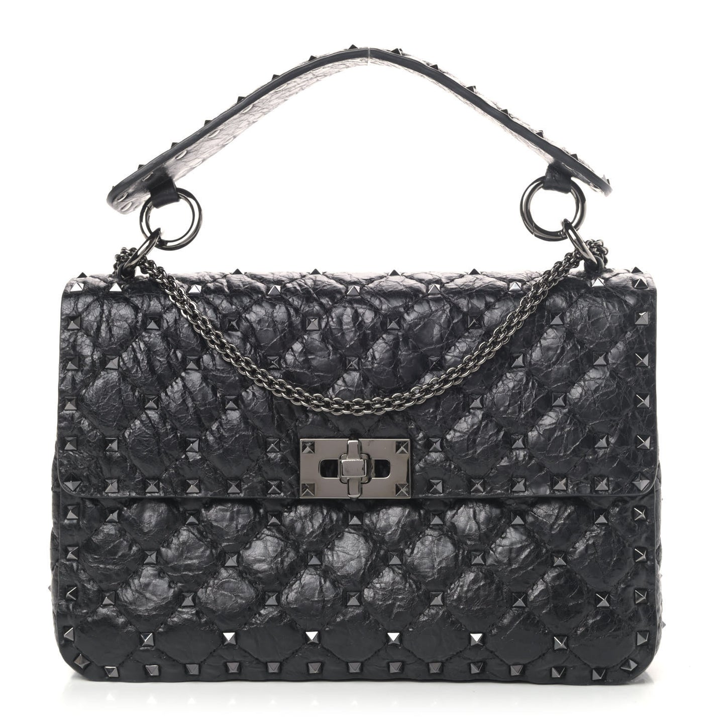 Craquele Nappa Medium Rockstud Spike Shoulder Bag Black