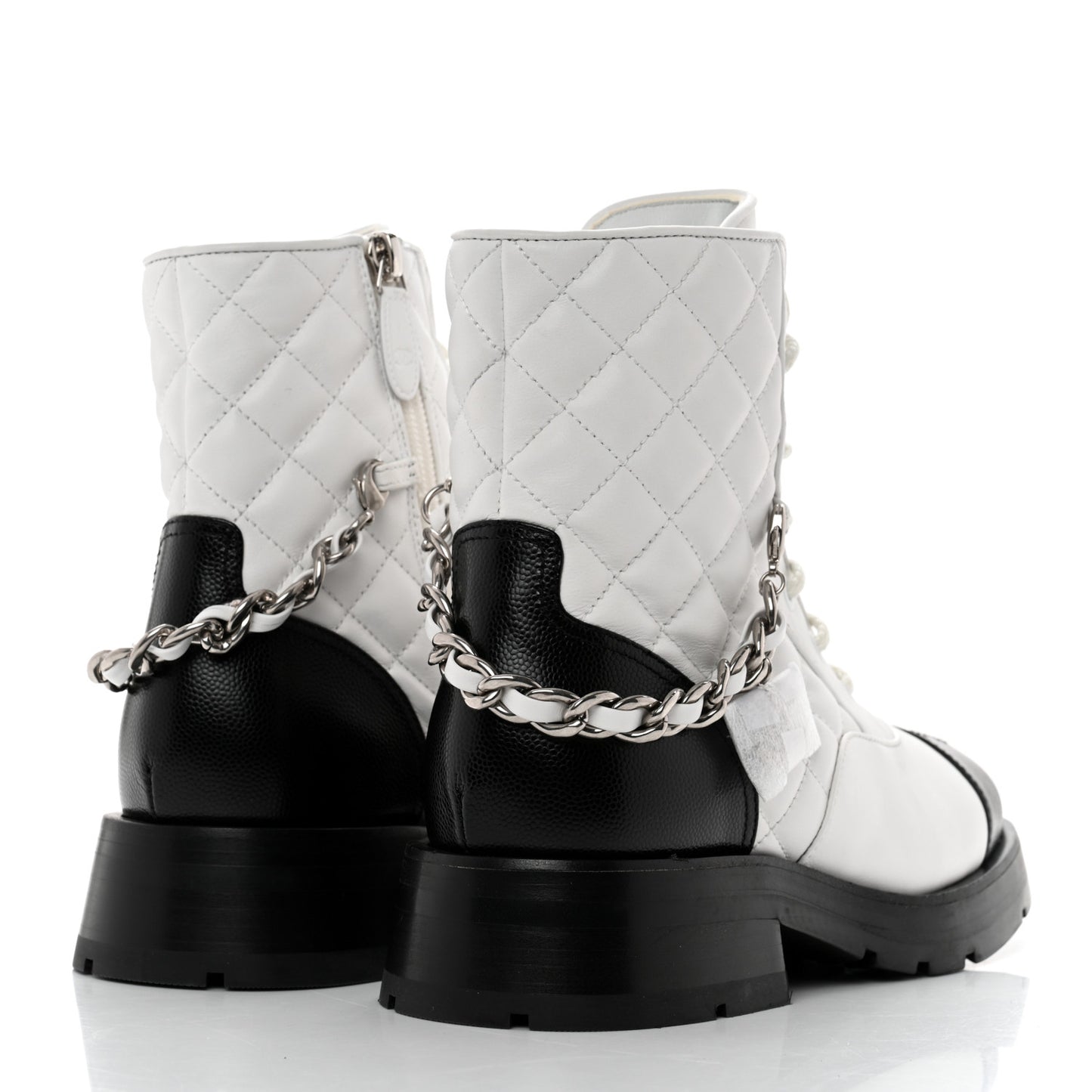 Caviar Calfskin Quilted Chain Lace Up Combat Boots 35.5 White Black
