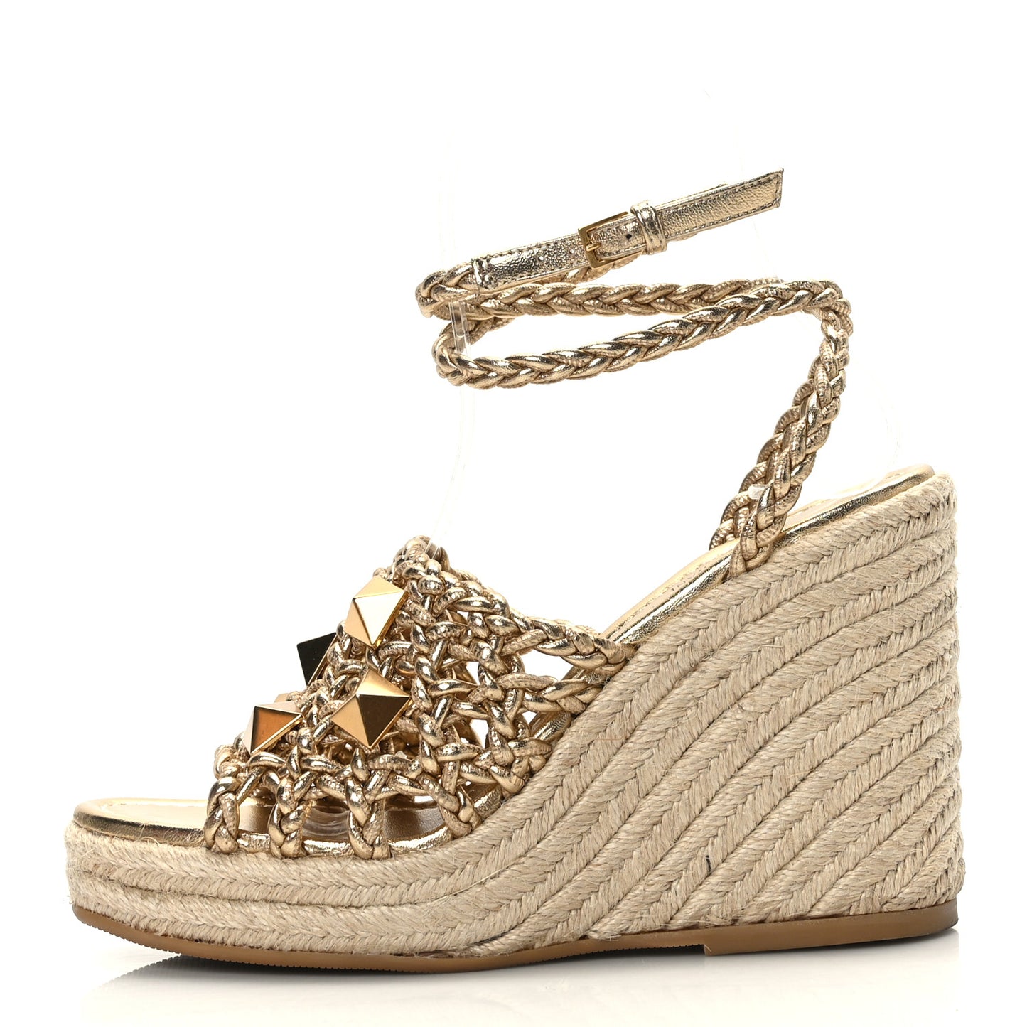 Metallic Nappa Woven Roman Stud Macrome Espadrille Wedge Ankle Wrap Sandals 35 Star Gold