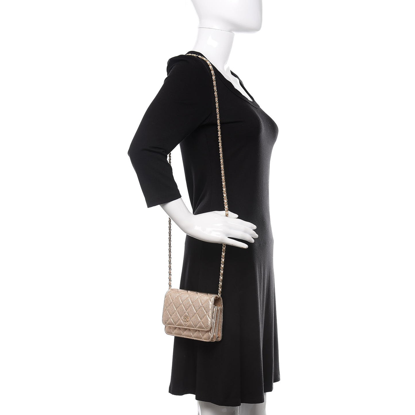 Metallic Lambskin Quilted Mini Wallet On Chain WOC Gold