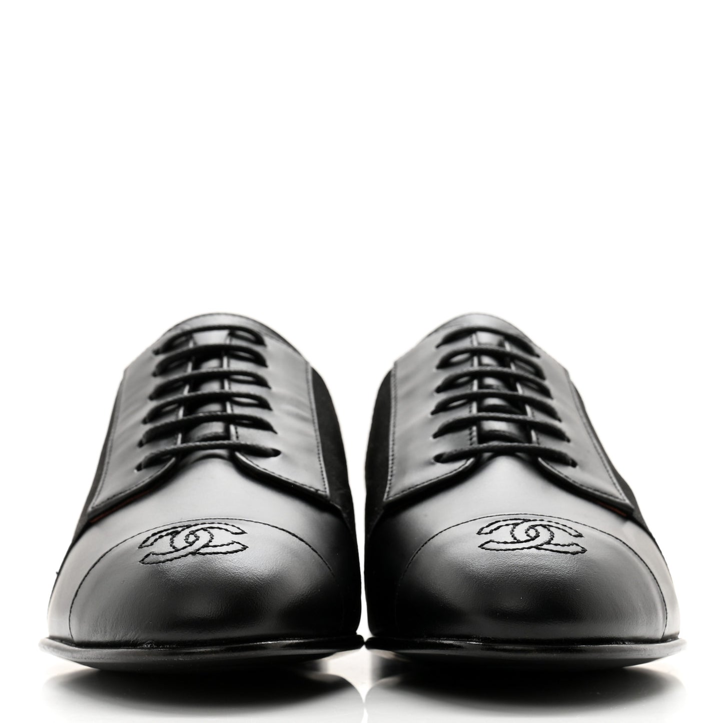 Calfskin Elastic Lace Up Cap Toe CC Loafers 36 Black