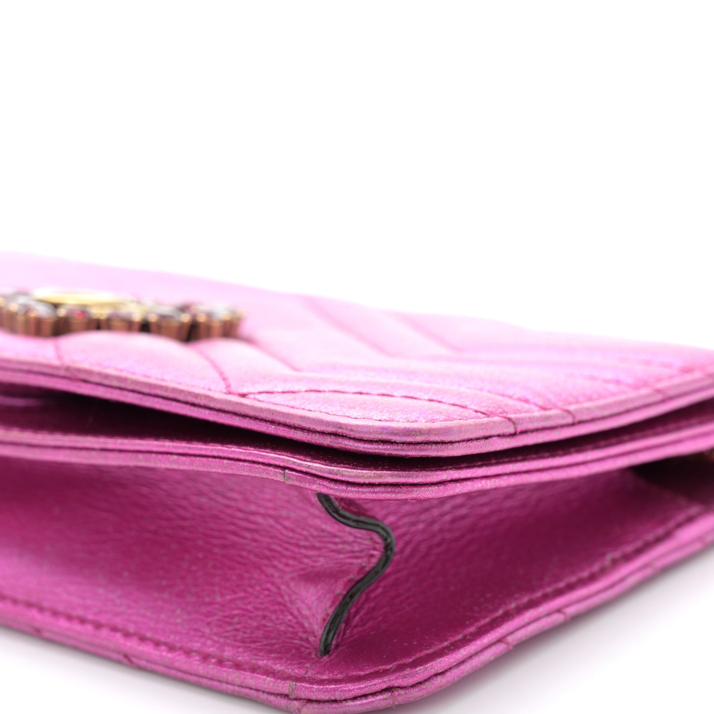 Metallic Calfskin Matelasse Crystal GG Marmont Mini Bag Fuchsia