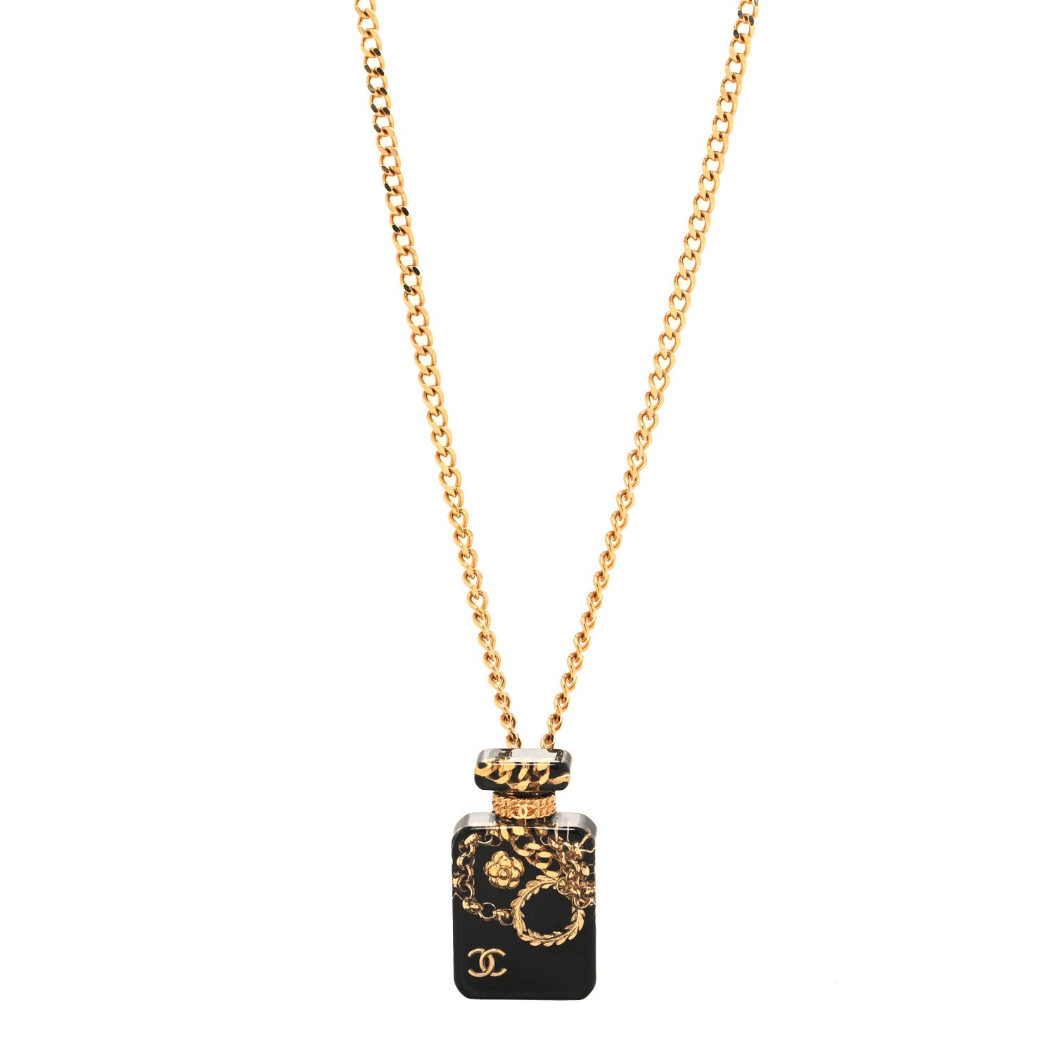 Chanel Resin CC Perfume Bottle Necklace Black Gold 1599205