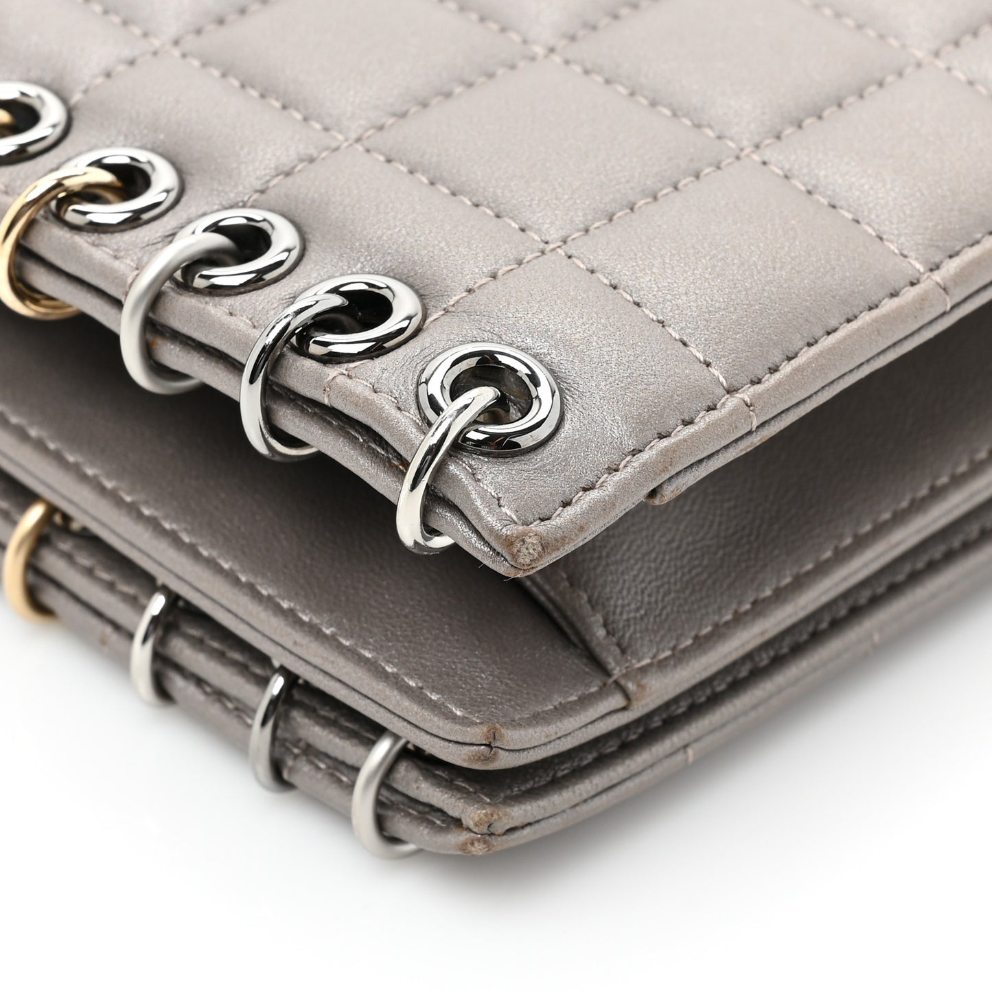 Lambskin Chocolate Bar Piercing CC Studded Small Chain Flap Bag Grey