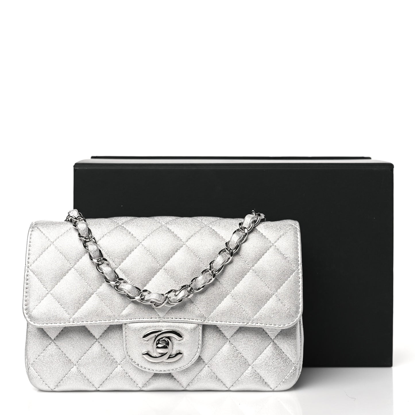 Metallic Lambskin Quilted Mini Rectangular Flap Silver
