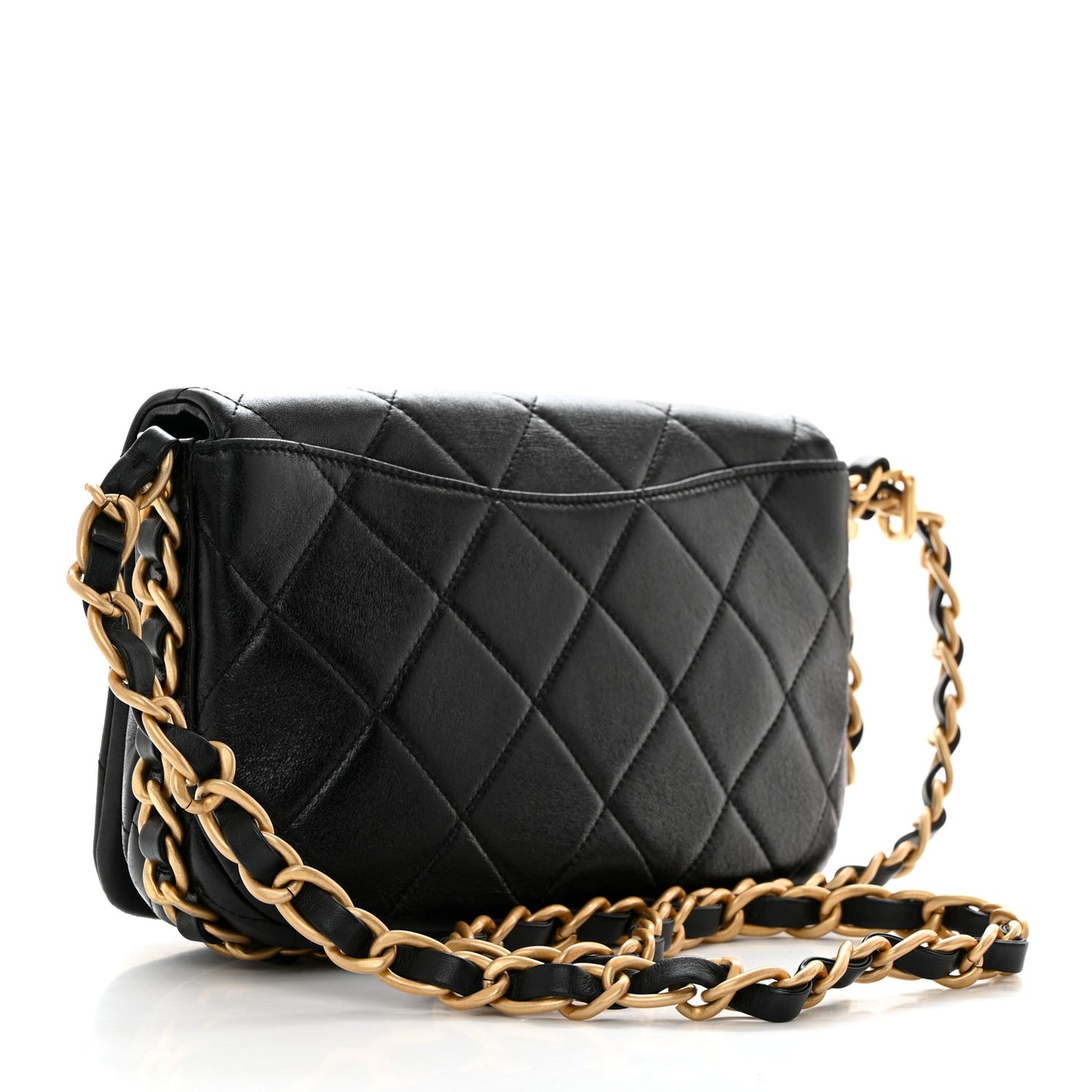 Shiny Lambskin Quilted Chain Around Flap Bag Black
