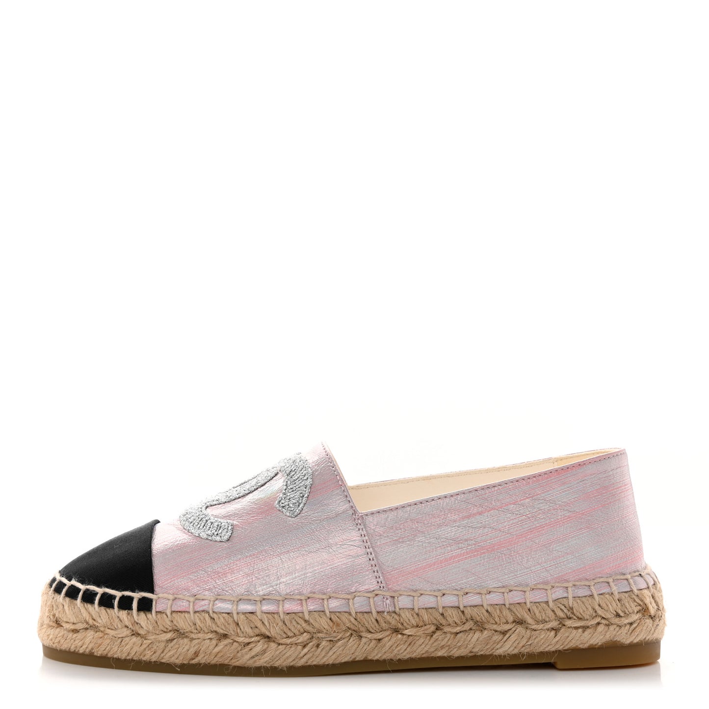 Laminated Lambskin Grosgrain Embroidered CC Espadrilles 36 Pink Silver Black