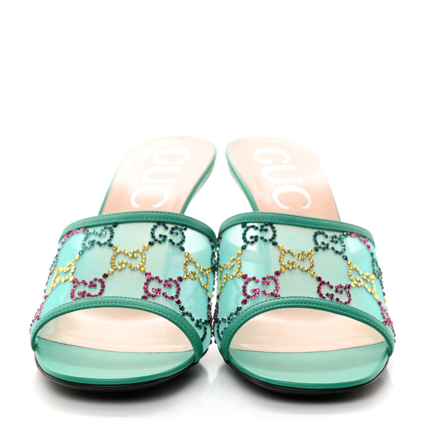 Tela Retino Nappa Crystal GG Monogram Square G 95mm Slide Sandals 39 Turquoise