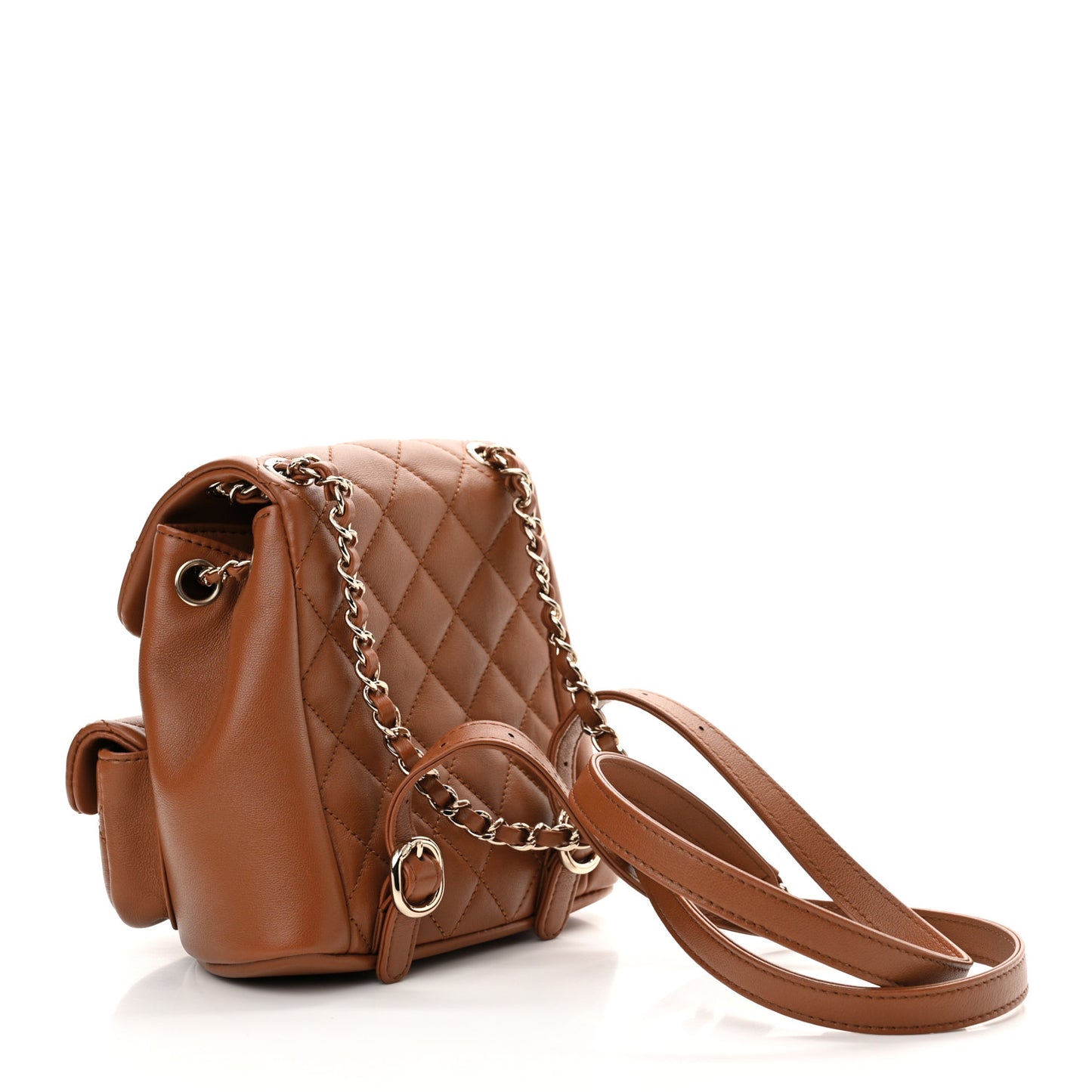Calfskin Quilted Small Duma Pockets Drawstring Backpack Light Brown