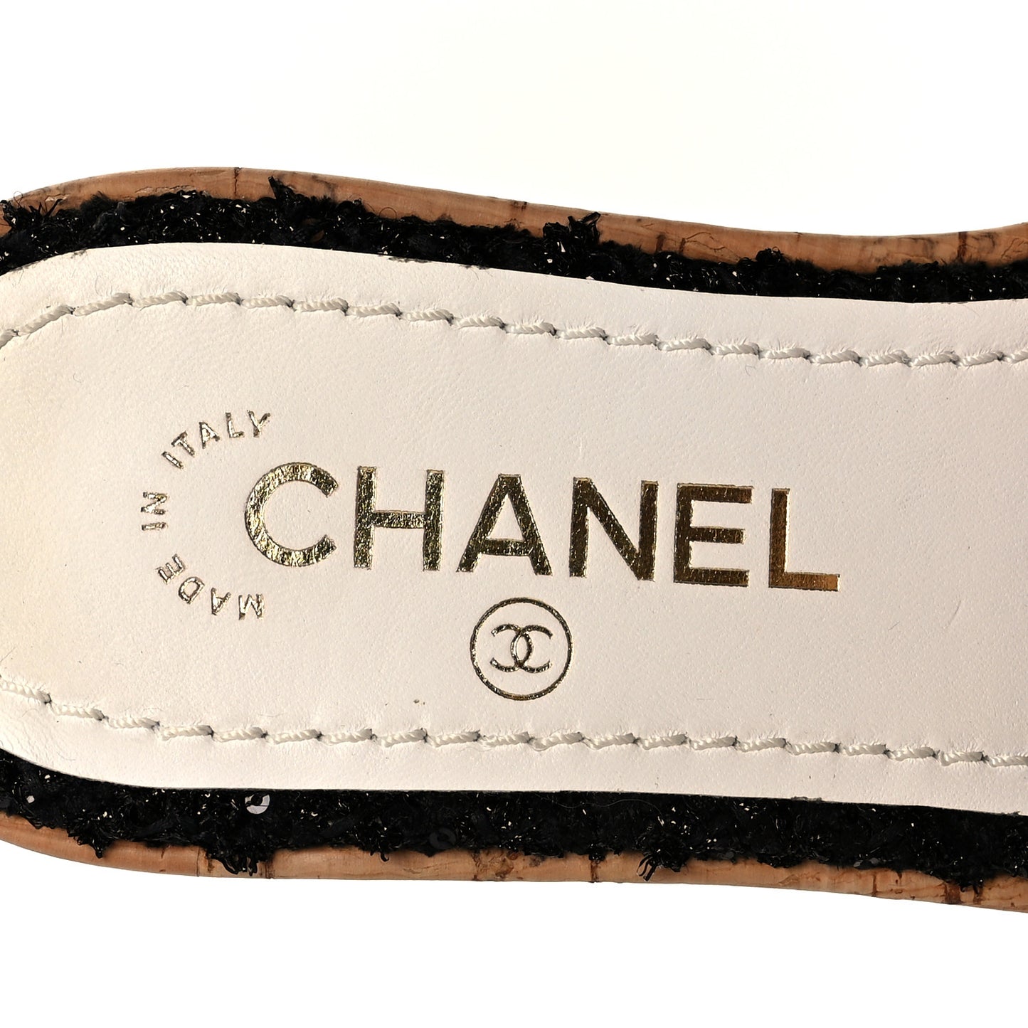 Tweed Cork CC Chain Mule Sandal 36 Black