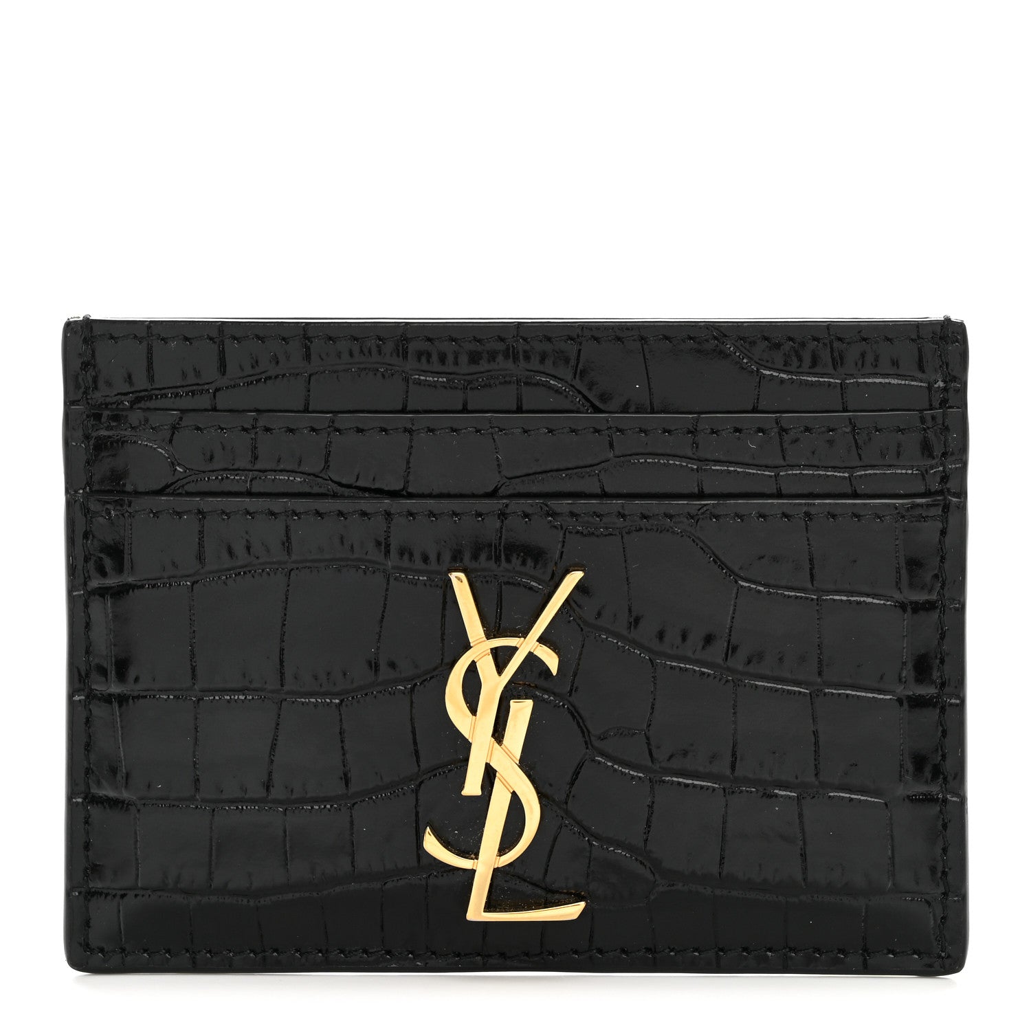 Saint Laurent Calfskin Crocodile Embossed Monogram Credit Card