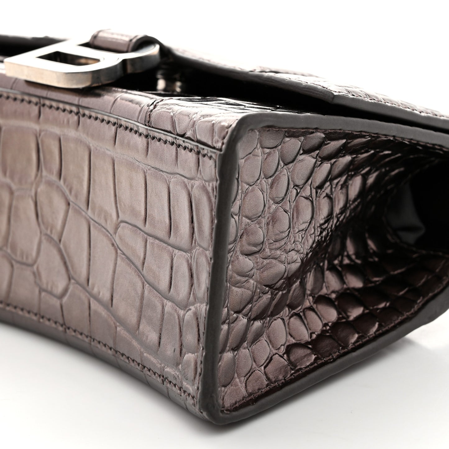 Metallic Shiny Calfskin Crocodile Embossed Hourglass Top Handle Bag XS Dark Bronze
