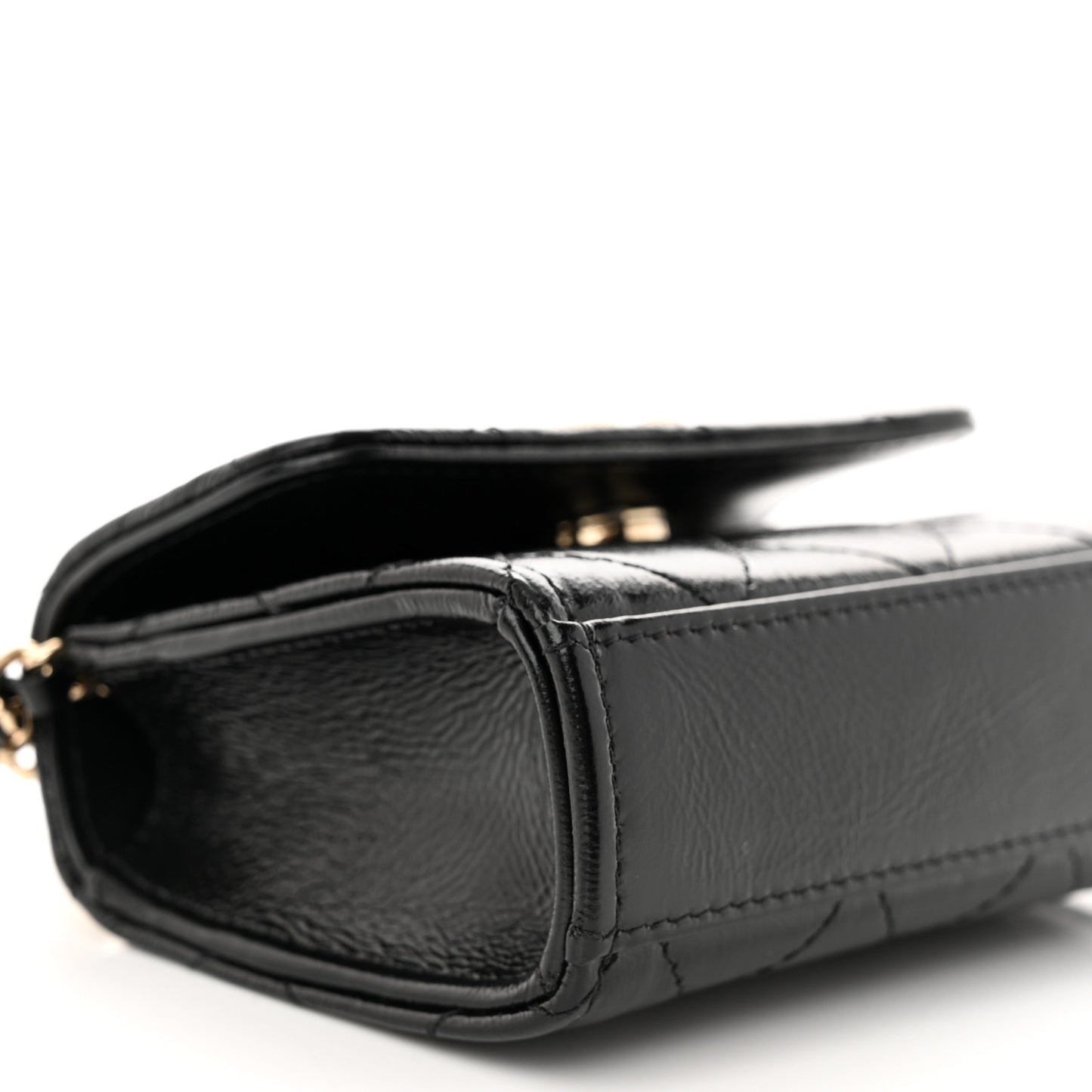 Shiny Crumpled Lambskin Quilted Pearl Small Top Handle Clutch With Chain Black