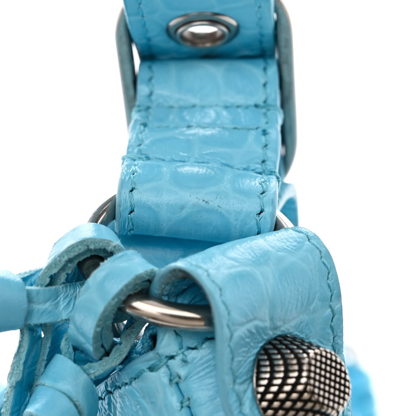 Extra Supple Calfskin Crocodile Embossed Le Cagole Shoulder Bag XS Sky Blue