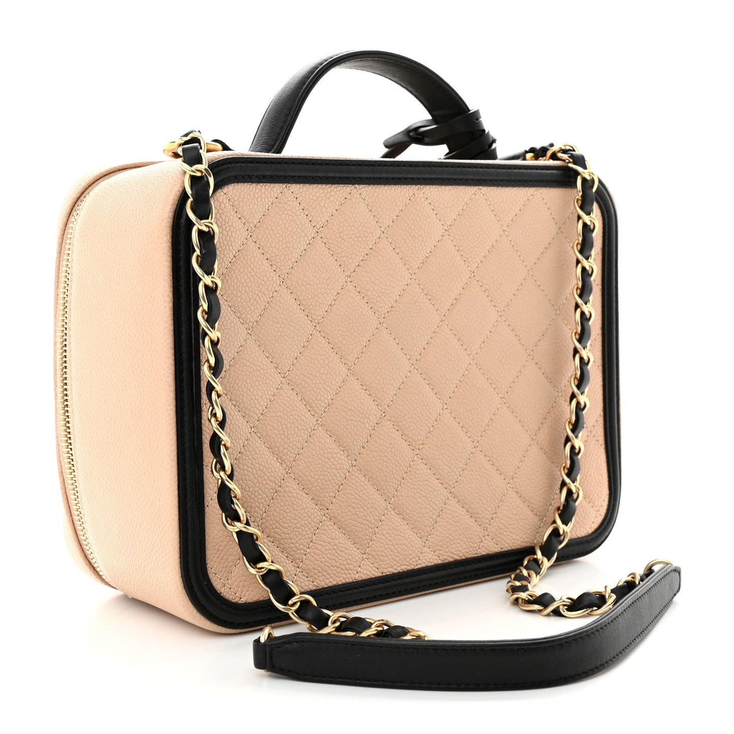 Caviar Quilted Large CC Filigree Vanity Case Beige Black
