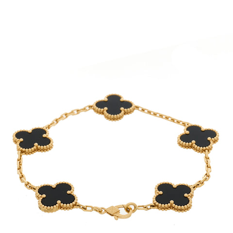 18K Yellow Gold Black Onyx 5 Motifs Vintage Alhambra Bracelet