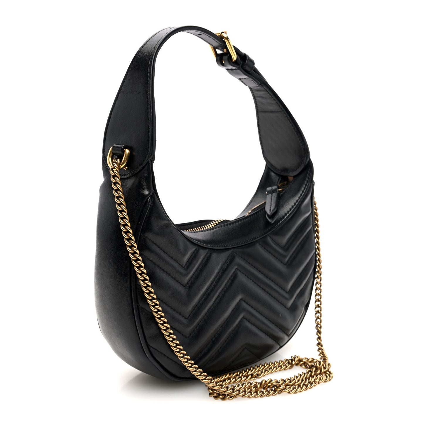 Calfskin Matelasse Chevron Mini GG Marmont Half Moon Hobo Black