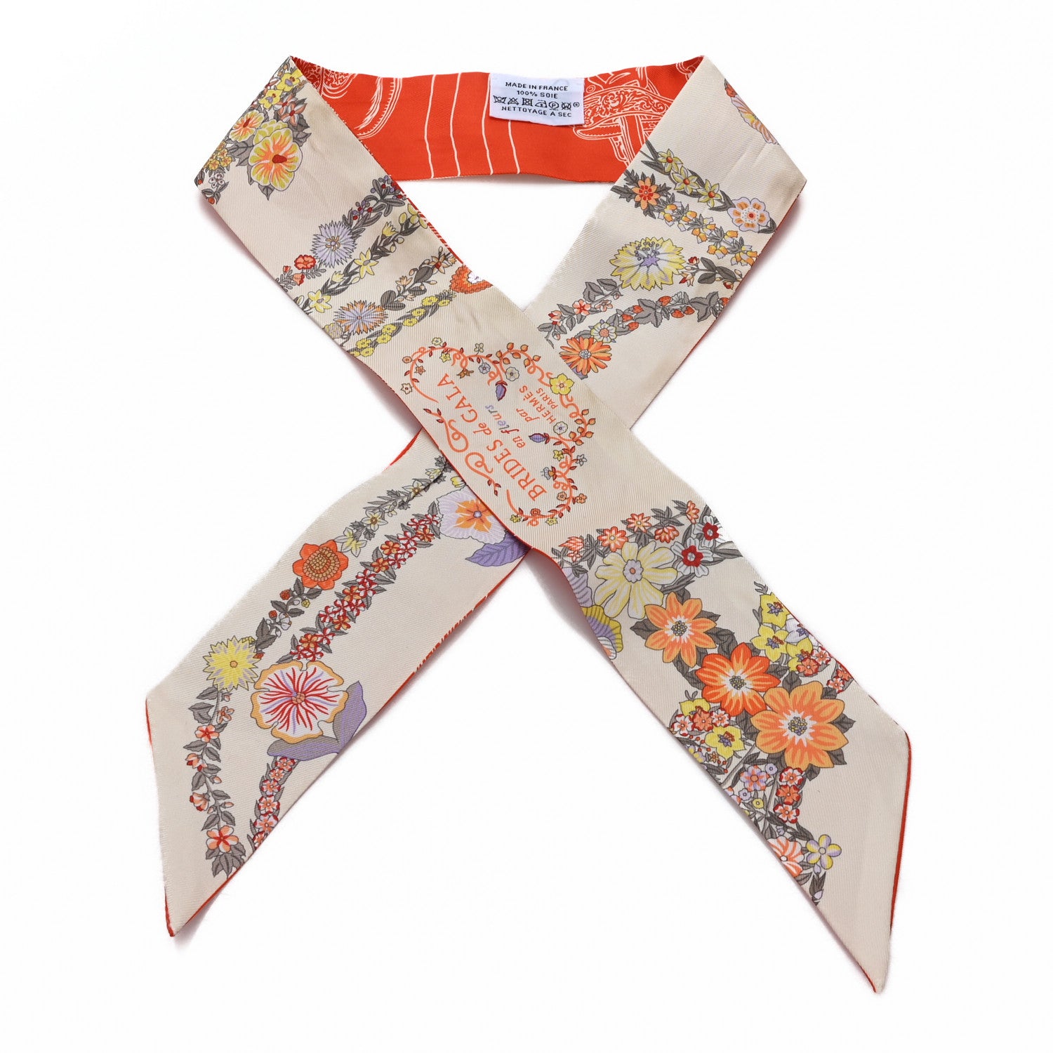 Hermes Silk Brides De Gala En Fleurs Twilly Vanille Orange Kaki