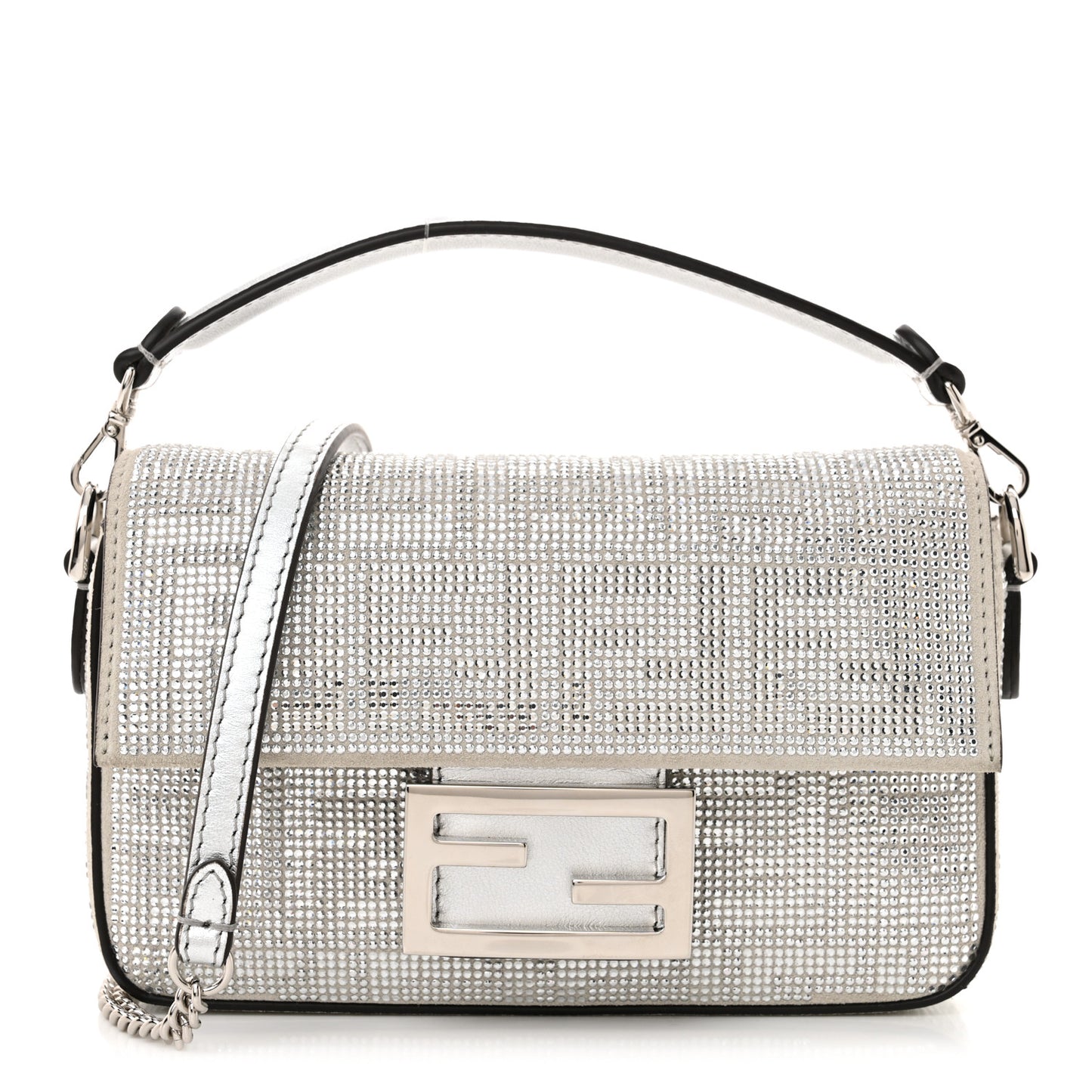 Crystal Vitello Laminato FF Mini Baguette Crystal Argento