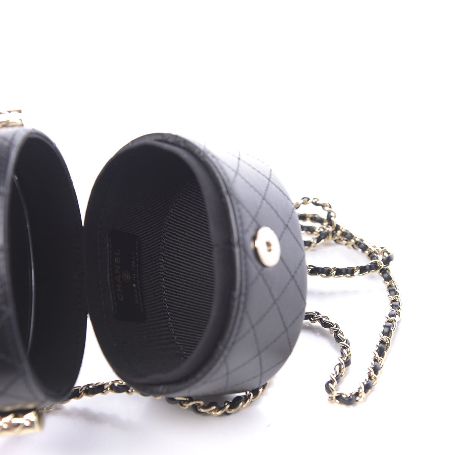 Lambskin Quilted Mini Round Vanity Case With Chain Black