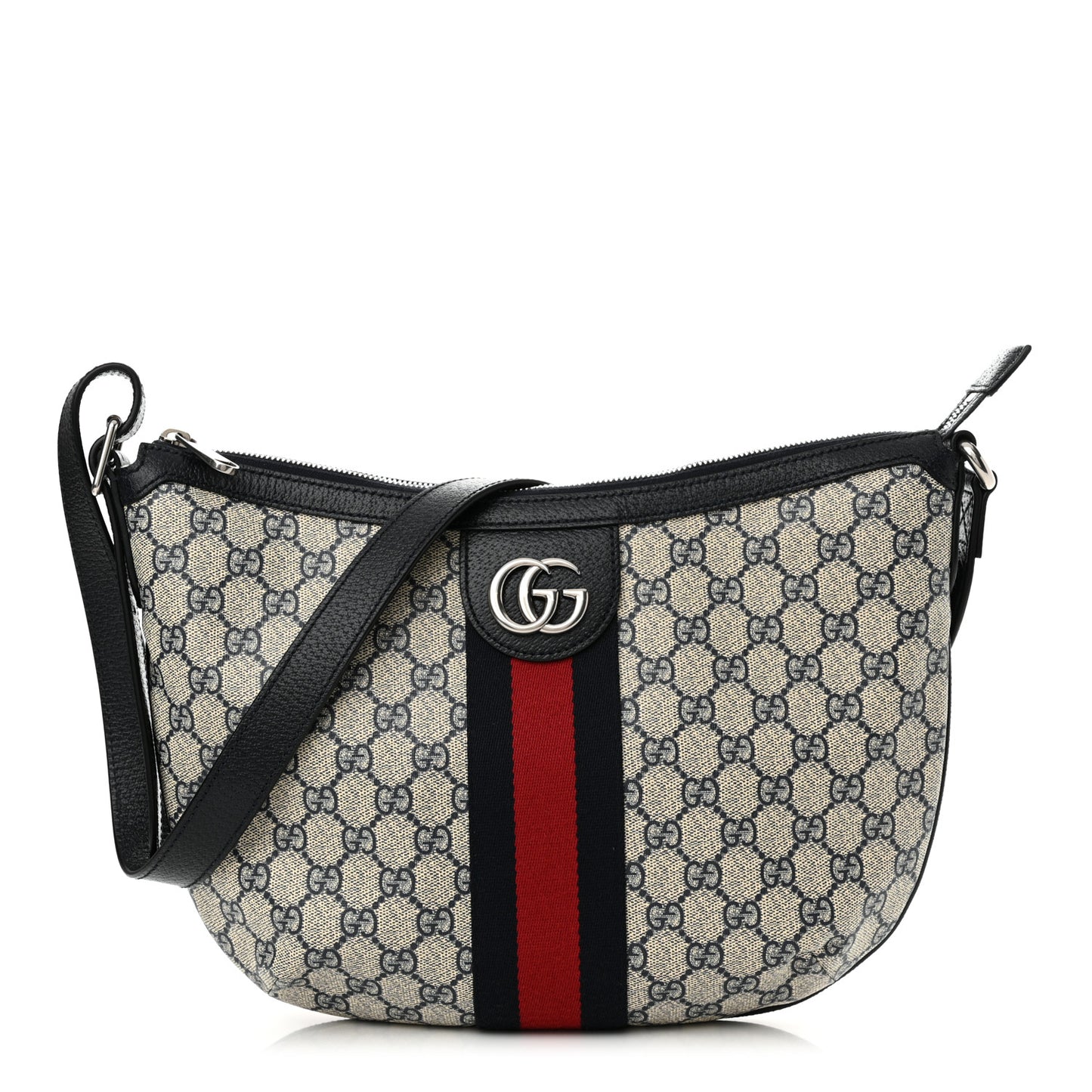 GG Supreme Monogram Textured Dollar Calfskin Web Small Ophidia Half Moon Hobo Beige Blue