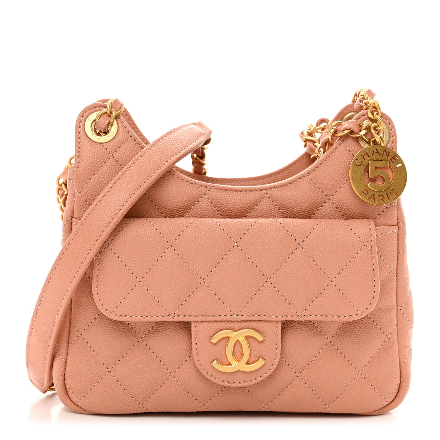 Caviar Quilted Small Wavy CC Hobo Coral