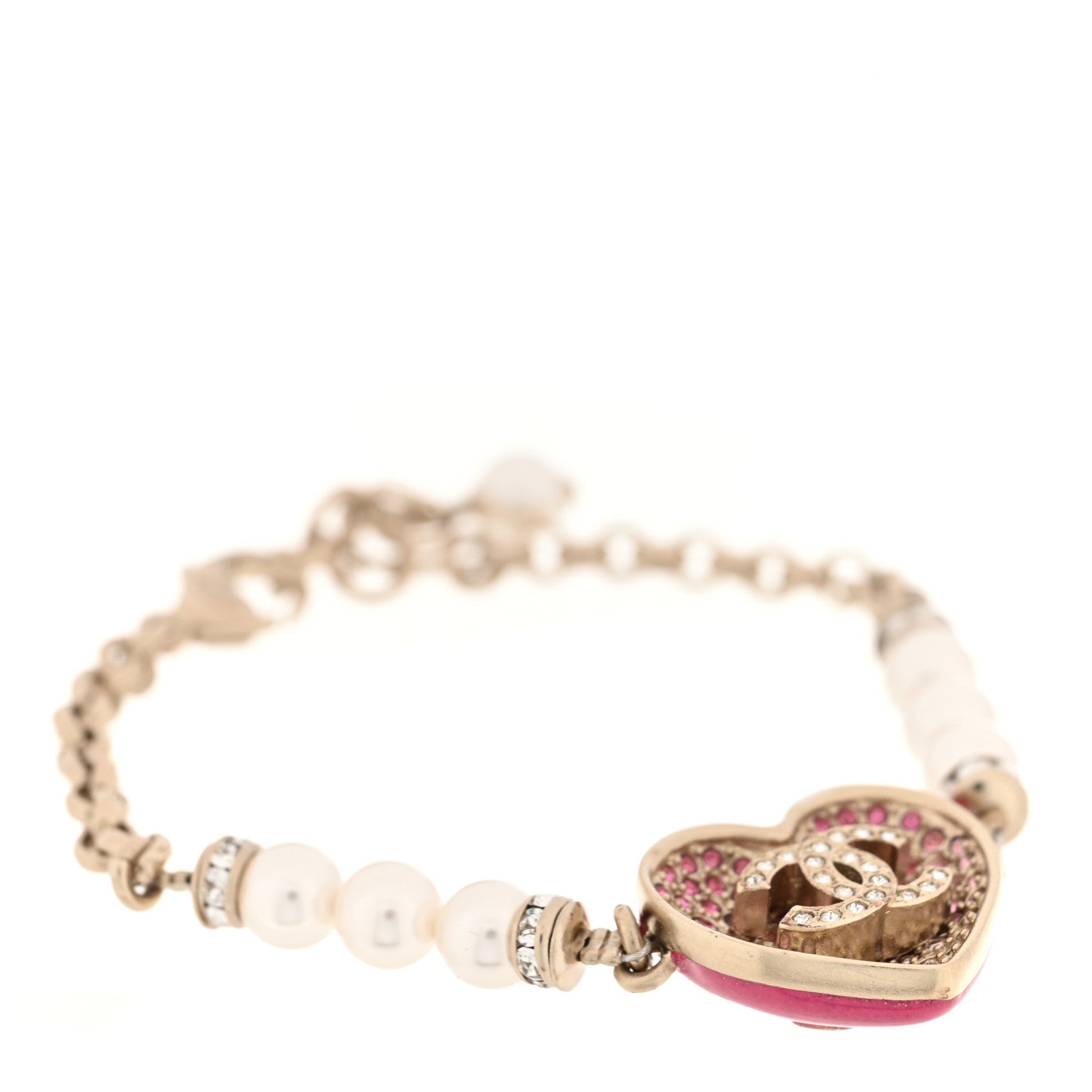 Chanel Resin Crystal Pearl Chain Heart CC Bracelet Pink White Gold 3 of 6