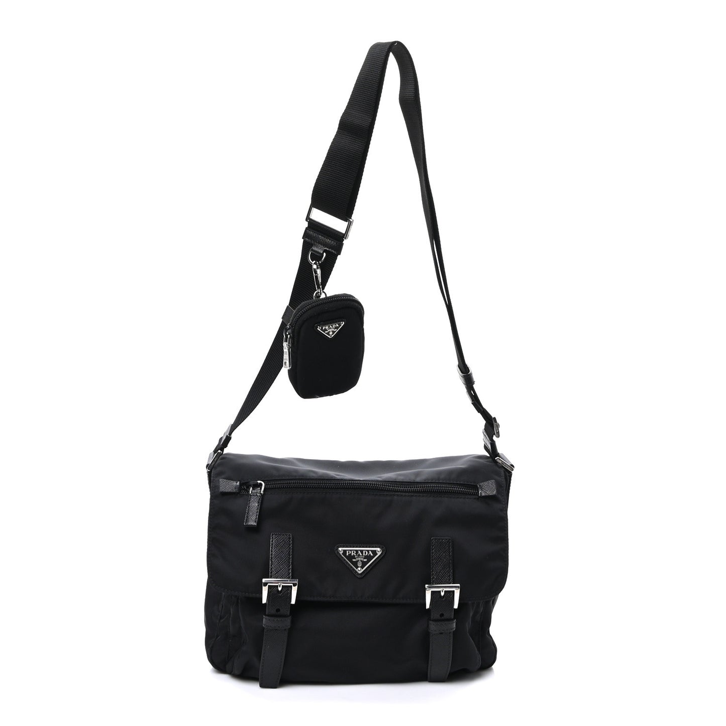 Re-Nylon Vela Saffiano Pocket Double Buckle Messenger Shoulder Bag Black