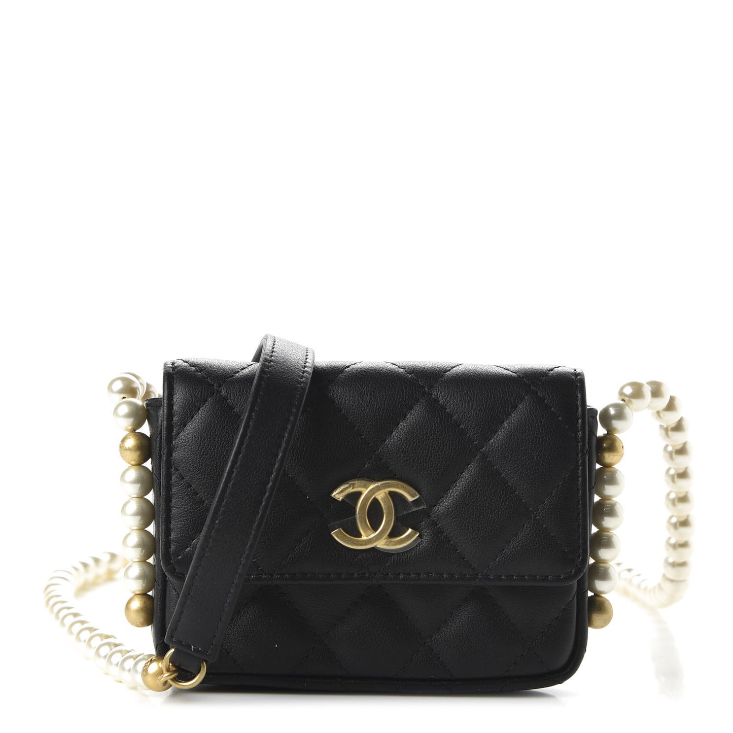 Calfskin Quilted About Pearls Card Holder Flap With Chain Black